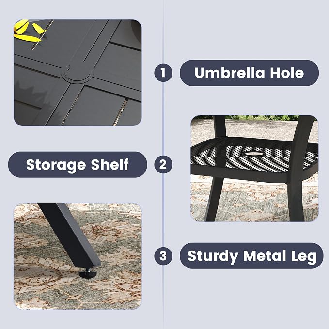 VICLLAX 47.2" Round Outdoor Table, Patio Dining Table for 6 with Umbrella Hole for Garden Lawn Deck Backyard, Black