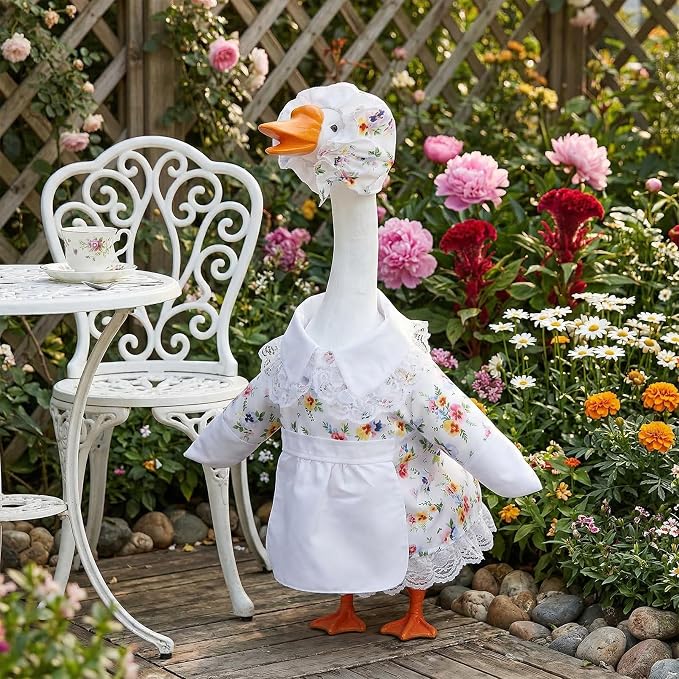Spring Porch Goose Outfit Flower Porch Goose Clothes for 23 Inch Lawn Cement or Plastic Geese Statue Geese Skirt Costume with Hat Dress for Spring Outdoor Patio Yard Garden Holiday Decoration