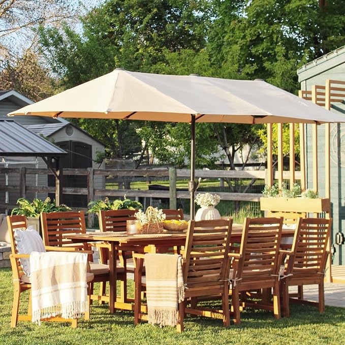 PHI VILLA 9 Pieces Acacia Wood Patio Dining Set for 8, Expandable Teak Dining Table & Wooden Chairs with Cushions, Farmhouse Dining Furniture Set for Outdoor Deck, Yard, Porch