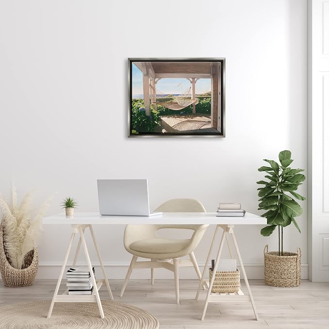 'Tranquil Hammock Warm Sunlit Porch Rural'| Floating Frame Canvas Art | Stupell Industries | Gray, 31 x 25 Inches, Easy to Hang and Sturdy, Made in USA, by Tom Mielko