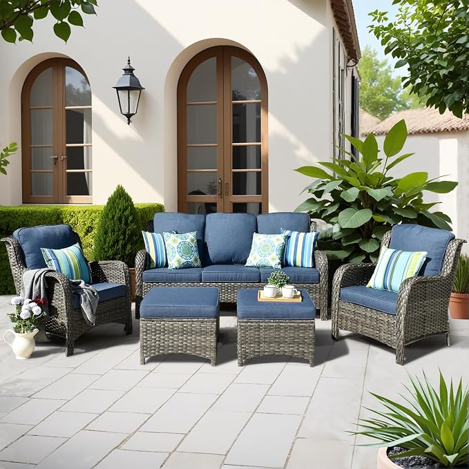 ovios 5-Pieces Patio Furniture Set, Outdoor Wicker Sofa Couch with Chairs Ottomans Comfy Cushions, High Back Modern All Weather Conversation Set, Grey Rattan, Denim Blue
