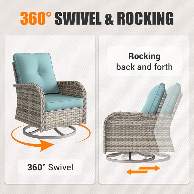 6-Piece Patio Rocking Swivel Chair Outdoor Wicker Rattan Bistro Set with Tempered Glass Side Table, Outdoor Patio Furniture Set for Garden, Deck, and Balcony, Light Blue