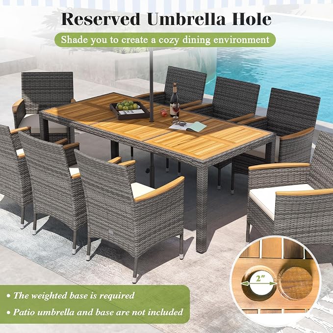 Tangkula 11 Pieces Patio Dining Set with 15 ft Double-Sided Patio LED Umbrella (Base Included), Outdoor Rattan Furniture Set with 8 Armchairs, 1 Rectangular Acacia Wood Dining Table (Wine)