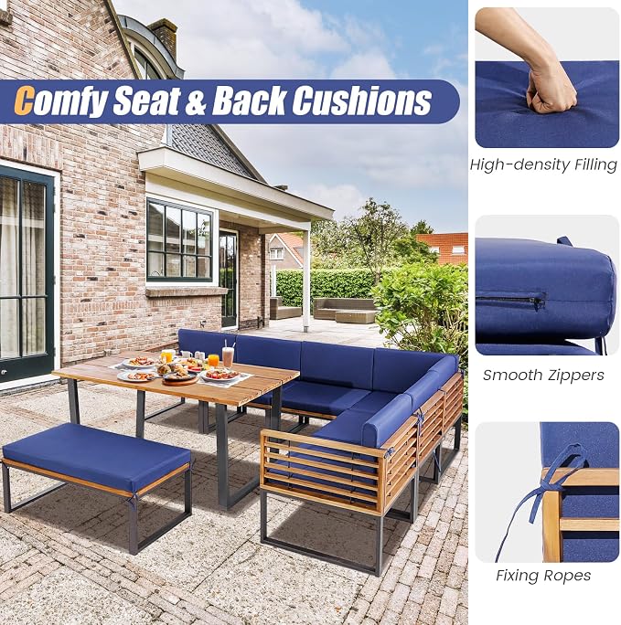 Tangkula Patio Dining Set for 8, Acacia Wood Heavy Duty L Shaped Outdoor Sectional Sofa Set with Soft Padded Cushions, for Backyard Poolside Deck Garden (Navy Blue)