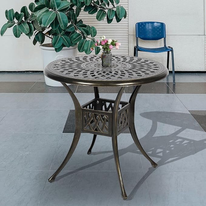 31 Inch Outdoor Dining Table Round Patio Bistro Table Bronze Cast Aluminum Rustic Large Table with Umbrella Hole