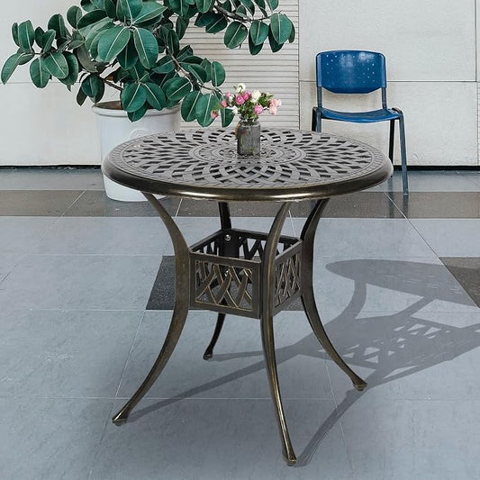 31 Inch Outdoor Dining Table Round Patio Bistro Table Bronze Cast Aluminum Rustic Large Table with Umbrella Hole