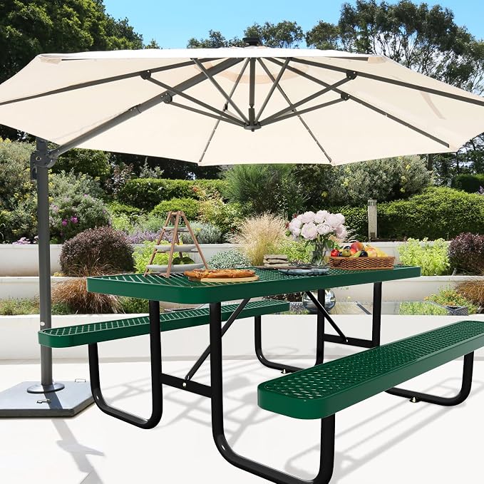 Picnic Tables for Outdoors,Commercial Metal Picnic Table Bench Set with Umbrella Hole,School Canteen Tables W/Seats - Heavy Duty Sturdy Picnic Tables Furniture for Patio Garden (Green, 4FT)