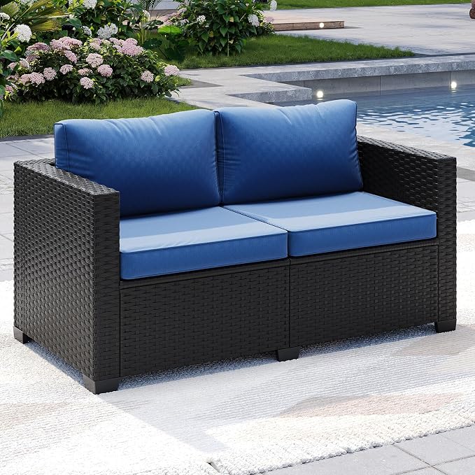 LazySunsets 1-Piece Outdoor Patio Furniture Set, Rattan Outdoor Sectional with Thick Waterproof Cushions, Wicker Ottomans & Waterproof Cover, Patio Conversation Set for Garden, Backyard, Navy Blue