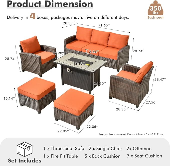 ovios 6 Pieces Patio Furniture Set, Outdoor Wicker Sofa Couch with 42" Fire Pit Table Comfy Cushions, All Weather Brown Rattan Conversation Set for Backyard Deck, Orange Red
