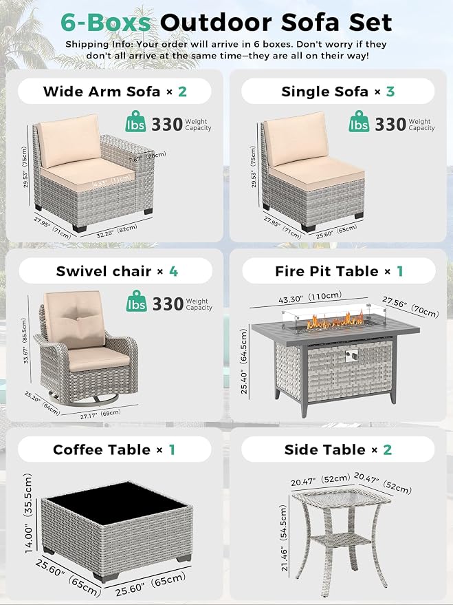 13 Piece Outdoor Wicker Sectional Sofa Set with Swivel Chairs & Fire Pit Table, 9-Seats with 4" Thickened Cushions & Coffee Table, All-Weather PE Rattan for Garden, Backyard, Porch, Beige