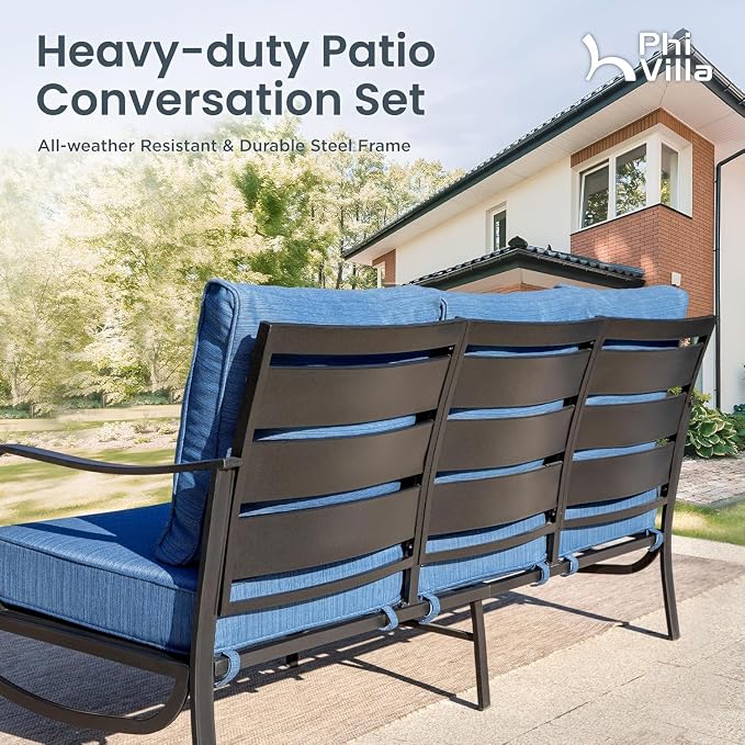 PHI VILLA 6 Pieces Patio Furniture Set with Firepit Table, 3-Seat Metal Outdoor Sofa, 2 x Swivel Sofa Chairs & 2 Ottomans, 5.75" Thick Cushioned Patio Conversation Set Backyard Furniture, Peacock Blue