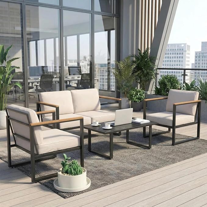 4-Piece Outdoor Patio Set Metal Conversation Deep Seat High Back Sofa with Washable Cushions 2 Chairs Coffee Table for Garden Balcony