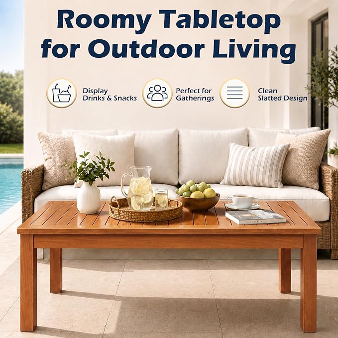 Outdoor Teak Coffee Table, 40" Wooden Patio Coffee Table with Protective Cover, Solid Teak Outdoor Coffee Table for Patio, Garden, Poolside, Balcony and Backyard