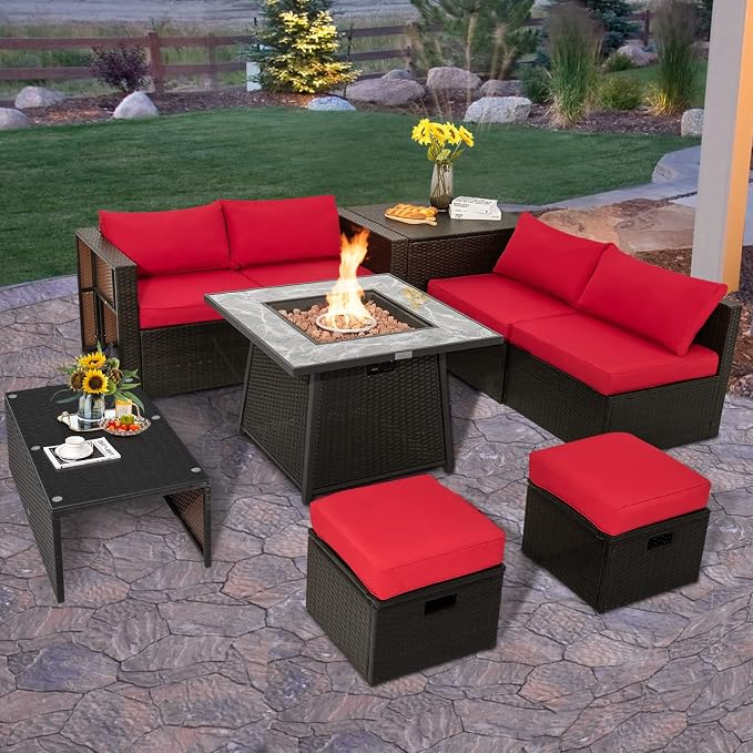 Tangkula 9 Pieces Outdoor Patio Furniture Set with 35-Inch Propane Fire Pit Table, Outdoor PE Wicker Sectional Sofa Set with Storage Box and Cushions, 50,000 BTU Gas Fire Pit Table (Red)