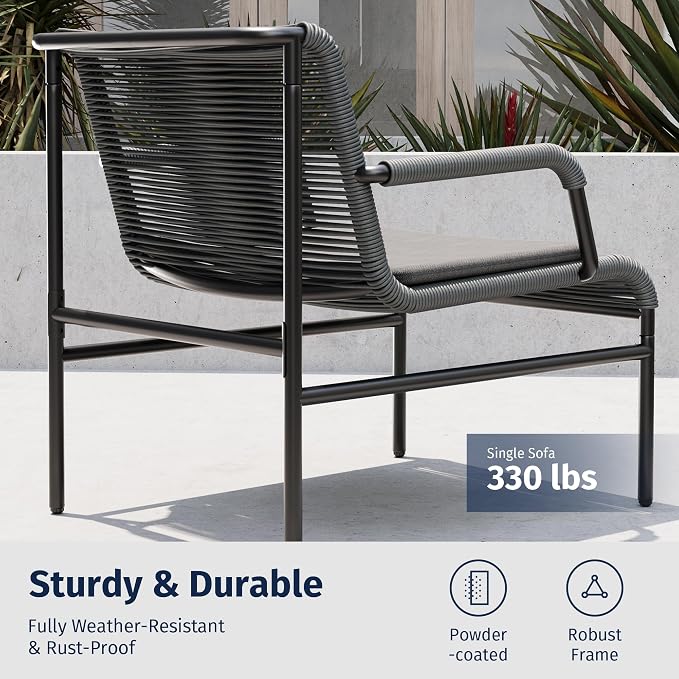 East Oak 3-Piece Patio Furniture Set, Outdoor Bistro Set with PE Rattan Wicker Wide Chairs, Soft Pads & Coffee Table, Modern All-Weather Wicker Patio Set for Garden and Porch, Misty Grey
