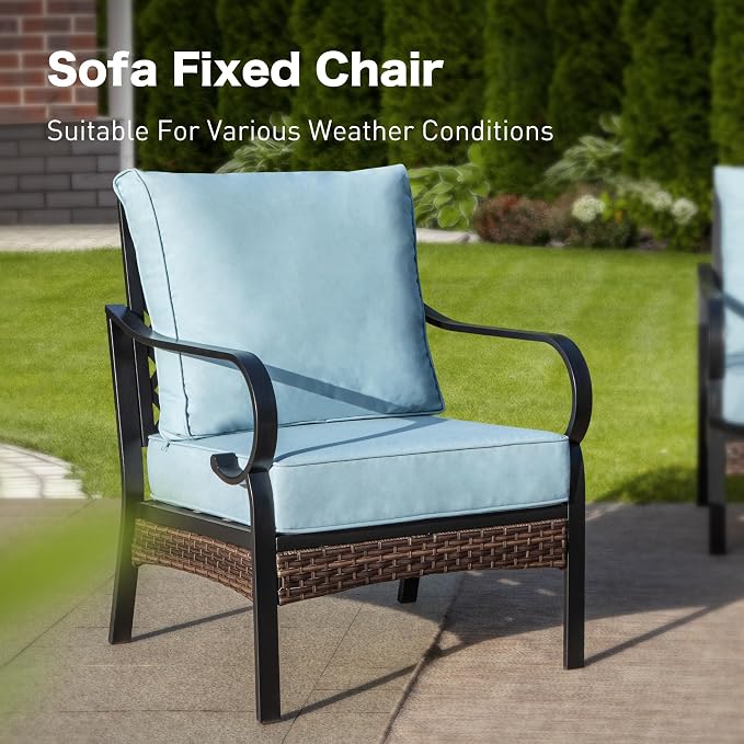 SUNSHINE VALLEY 5 Piece Metal Outdoor Patio Furniture Set, Patio Conversation Sets 1 3-Seater Sofa, 2 Chairs with 5.75" Extra Thick Cushion and Coffee Table, Black Frame Backyard Furniture, Blue