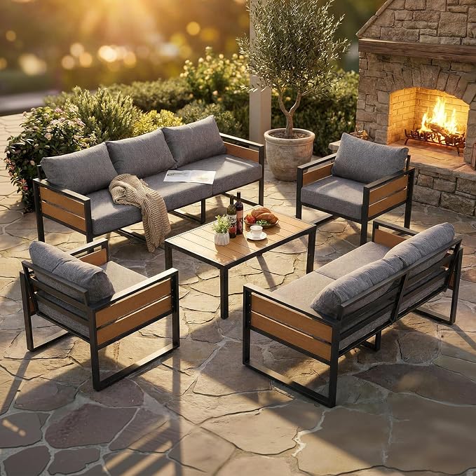 Furnimart Patio Furniture Set, 5-Piece Metal Outdoor Sectional, 7-Seat Patio Conversation Set with Deep Seating, Thick Cushions & Coffee Table for Backyard, Porch & Deck, Gray