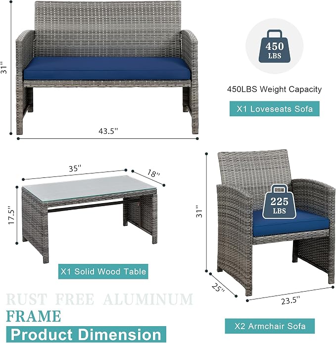 SUNLEI 4 Pcs Patio Ratten Set, Outdoor Furniture Set Wicker Conversation Set with Cushions and Tempered Glass Tabletop Outdoor Patio Furniture Sets (Dark Blue)