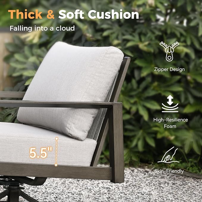 HAPPATIO Patio Conversation Set, 4-Piece Aluminum Oversized Patio Furniture Set with Rope Backrest,2 Swivel Chairs and 3-Seat Sofa with Thick Cushion, Hand-Brushed Frame for Yard, Porch, Balcony