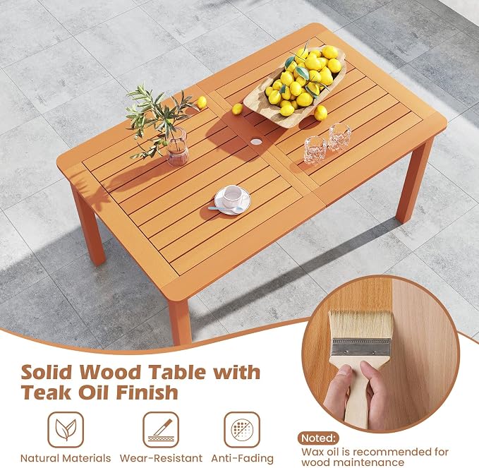 Tangkula 59 Inches Hardwood Patio Dining Table for 6, Outdoor Solid Wood Dining Table with Umbrella Hole & Teak Oil Finish, Rectangular Outside Dining Table for Backyard, Porch, Deck, Garden