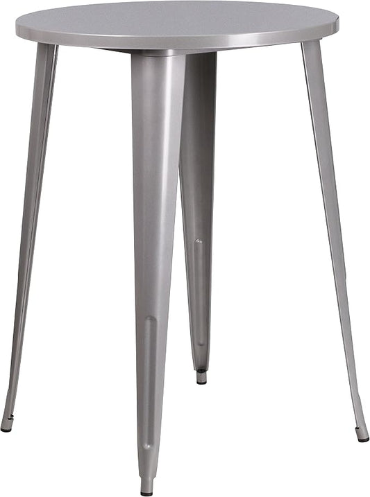 EMMA + OLIVER Commercial Grade 30" Round Silver Metal Indoor-Outdoor Bar Height Table