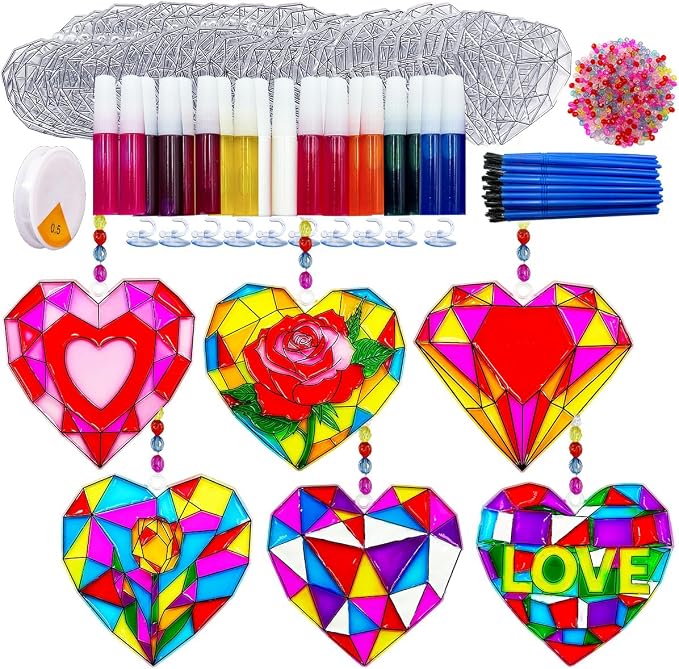 AUEKIV 30 Sets Valentine's Suncatchers Craft DIY Kit Heart Suncatcher Kit for Window Paint Art Suncatchers Valentine's Day Heart Sun Catcher Supplies for Valentine Gift Exchange Activities