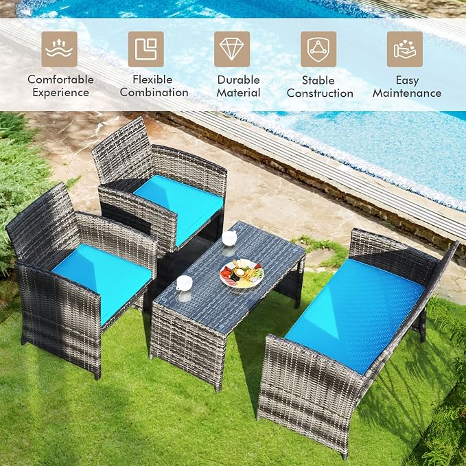 Goplus 4-Piece Rattan Patio Furniture Set, Outdoor Wicker Conversation Sofa with Weather Resistant Cushions and Tempered Glass Tabletop for Lawn Backyard Pool Garden (Turquoise)
