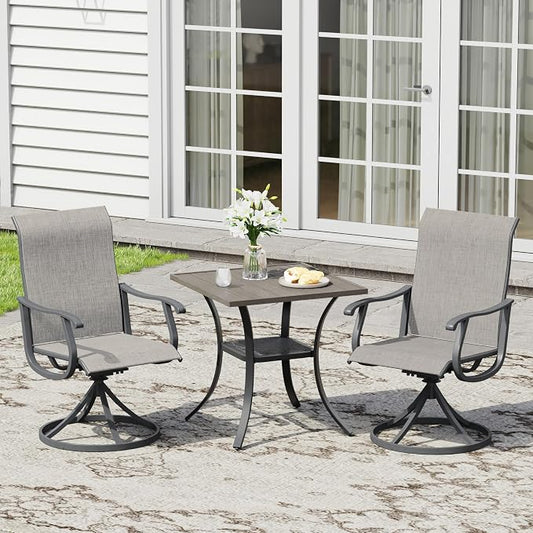 3 Pieces Patio Furniture Dining Set, 2 Textilene Swivel Dining Chairs, 28" Outdoor Square Metal Table with Storage Shelf, Outdoor Dining Set for Porch, Lawn, Garden, Grey/Grey