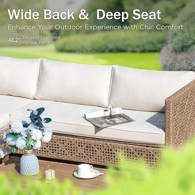 PHI VILLA Outdoor Sectional Couch, Wicker Patio Furniture Set with Acacia Wood Coffee Table, L-Shape Small Outdoor Conversation Corner Sofa Set for Deck Porch, Beige