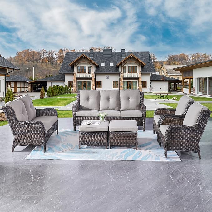 Rilyson Wicker Patio Furniture Set - 6 Piece Rattan Outdoor Sectional Conversation Sets with 1 Sofa,1 Loveseat,2 Armrest Chairs and 2 Ottomans for Porch Deck Garden(Brown/Grey)