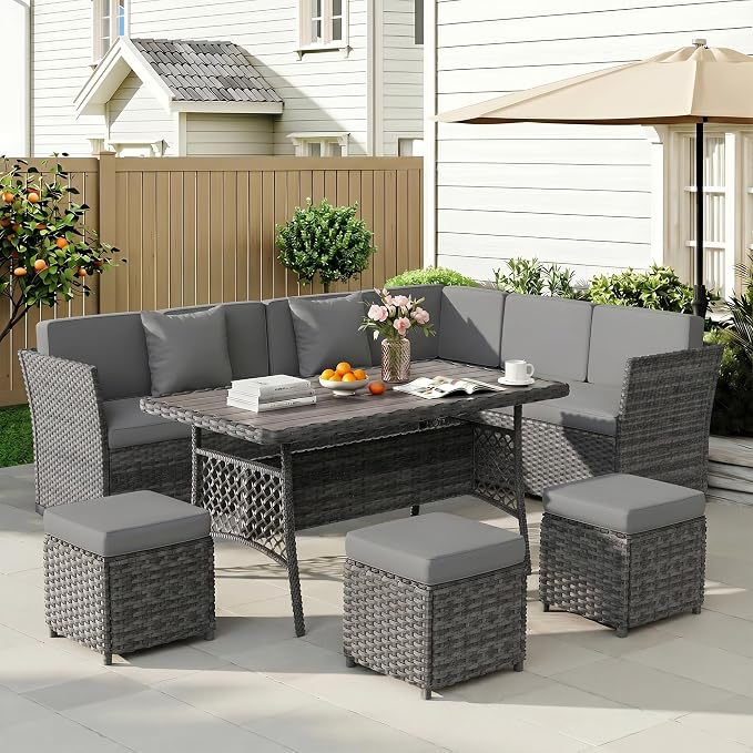 LOUVIXA 7 Pieces Patio Furniture Set, Outdoor Patio Furniture, Wicker Conversation Set with Dining Table, Chairs and Ottoman (Rustic Grey-Light Grey Cushion)