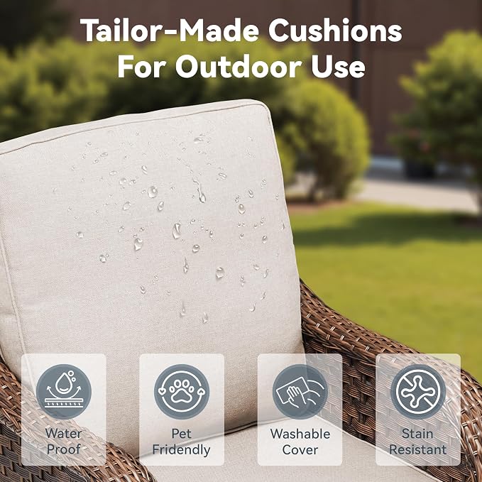 6 PCS Patio Furniture Set, 2 Outdoor Wicker Sofas & 2 Swivel Rocking Chairs with 2 Ottomans, 4-Inch Thick Olefin Cushions, 300 lbs Capacity Rattan Conversation Set for Porch, Beige