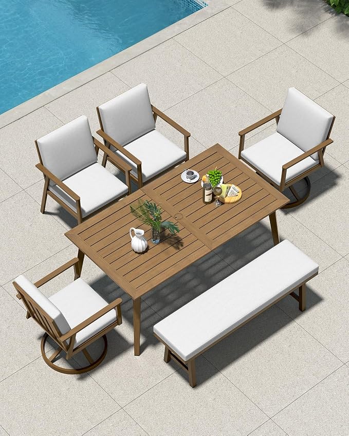 Teak Outdoor Patio Bench for 2 Person, Never-Rust Aluminum 57'' Backless Outdoor Bench with Removable Cushion, Weather-Resistant Outside Dining Benches for Porch, Deck, Garden, Backyard