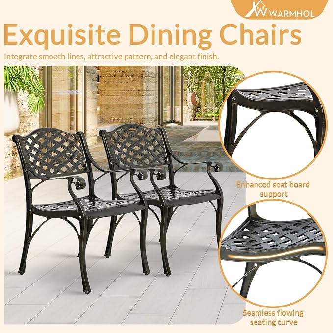 9 Piece Outdoor Patio Dining Set for 8, Cast Aluminium Large Square Dining Table & 8 Dining Chairs, Umbrella Hole, Patio Furniture Set for Garden Porch Poolside, Dark Bronze