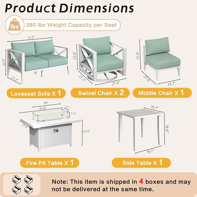 Aluminum Patio Furniture Set with Oversized Fire Pit Table, 7-Piece All-Weather Outdoor Conversation Set with Swivel Rocking Chairs, Oversized Modern Sofa for Backyard,Deck,Balcony–White