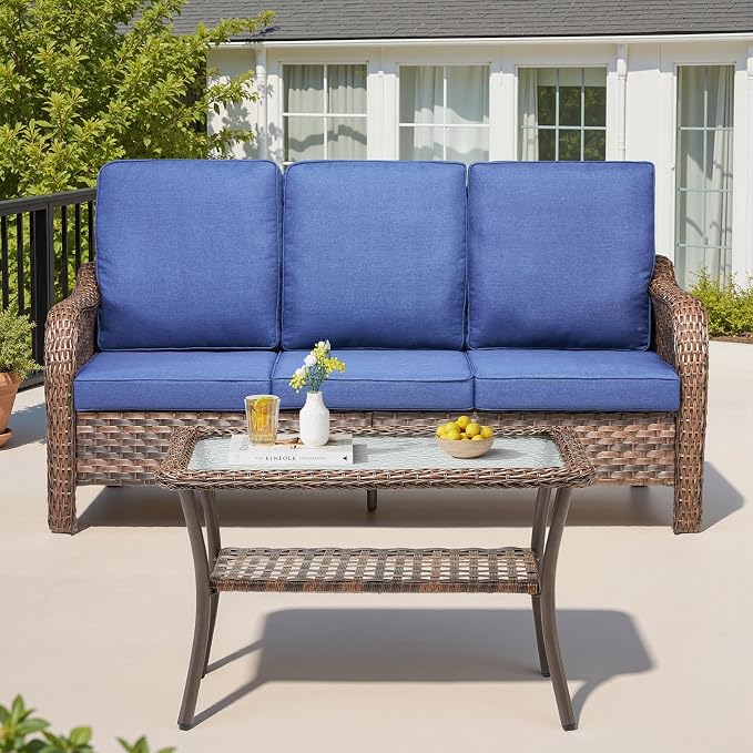 Outdoor Wicker Sofa & Coffee Table Set, 2 PCS Patio Sofa with 4" High-Resilience Cushions, Ergonomic Curved Armrests & 300lb Heavy Duty Frame for Small Spaces, Porch, Balcony, Blue