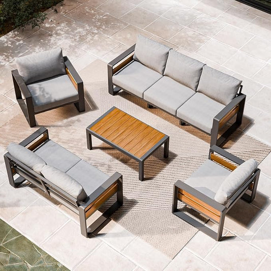 ZANDOR Aluminum Outdoor Patio Furniture Set with Coffee Table, 7 Seats Patio Conversation Sets with Washable Thick Cushions, Outdoor Sectional for Porch, Backyard, Deck, Garden & Poolside, Grey