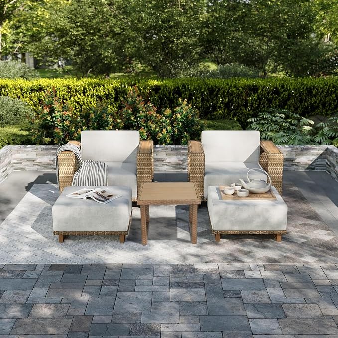 5 Pieces Outdoor Patio Furniture Set, PE Rattan Weaving Sofa with 10 inch Thick Cushions, with Dining Table,Coffee Table and 2 footstools, Steel Frame, Outdoor Conversation Set Brown/Beige/Wood