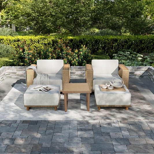 5 Pieces Outdoor Patio Furniture Set, PE Rattan Weaving Sofa with 10 inch Thick Cushions, with Dining Table,Coffee Table and 2 footstools, Steel Frame, Outdoor Conversation Set Brown/Beige/Wood