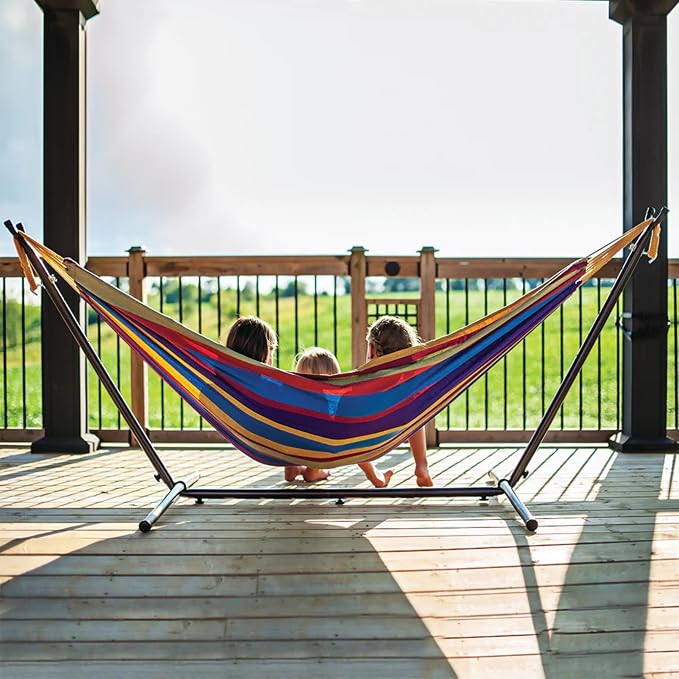 Vivere Double Cotton Hammock with Space Saving Steel Stand, Upgraded Polyester End Strings 450 lb Capacity - Premium Carry Bag Included - USA Grown Cotton (Tropical)