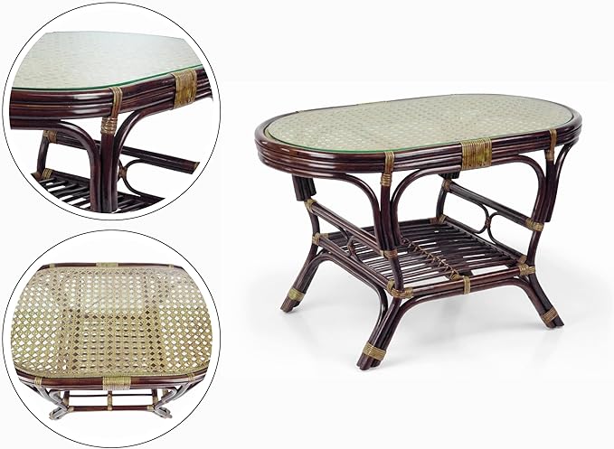 Malibu Lounge Set of 4: 2 Natural Rattan Wicker Chairs, Three-Seater Sofa with Cushions and Coffee Table with Glass Handmade, Dark Brown Color