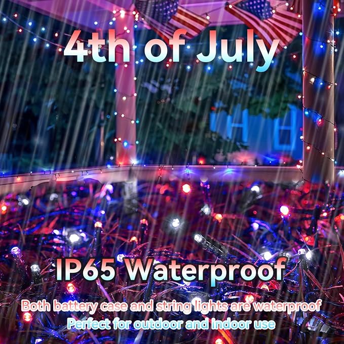 100LED Red White and Blue Lights for 4th of July Decoration, 33Ft Battery String Lights Indoor Outdoor Waterproof, 8 Modes Lights for Independence Day American Flag Holiday