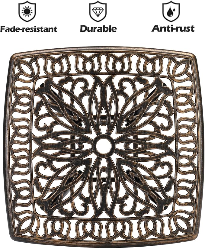 Cast Aluminum Square Patio Table with Umbrella Hole - 21.3 Inch Weather-Resistant Outdoor Bistro Table for Backyard, Poolside, Indoor/Outdoor, Easy Maintenance