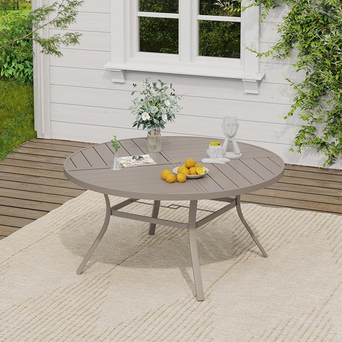 VICLLAX 50" Round Outdoor Table, Patio Dining Table for 6 with Umbrella Hole for Garden Lawn Deck Backyard, Sandshell