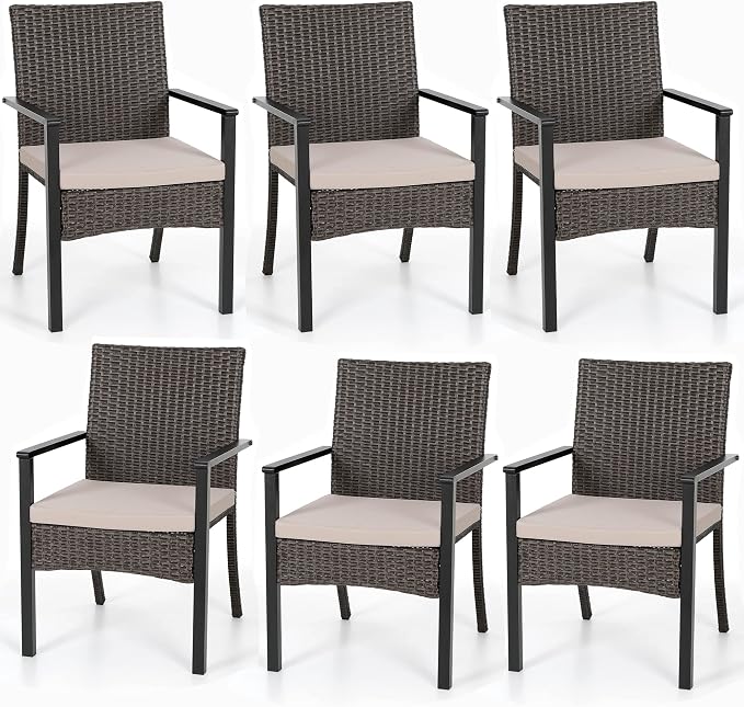 PHI VILLA Wicker Patio Dining Chairs Set of 6 with Removable Cushions | 6 Rattan dining chairs with thick removable seat cushions. Sturdy steel frame, easy assembly.