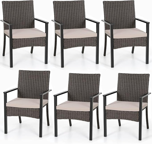 PHI VILLA Wicker Patio Dining Chairs Set of 6 with Removable Cushions | 6 Rattan dining chairs with thick removable seat cushions. Sturdy steel frame, easy assembly.