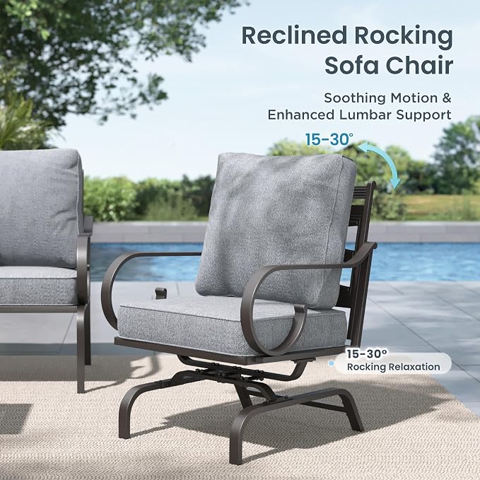 PHI VILLA Patio Furniture Set, 3-Seater Sofa, 2 Rocking Chairs and a 45" Fire Pit Table, Outdoor Metal Conversation Set with 5.75" Extra Thick Cushion for Garden Backyard Deck, Grey
