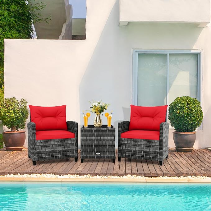 Patio Furniture Set, 3 Pcs Outdoor Wicker Conversation Set with Glass Coffee Table, Patio Chairs w/Washable Cushions, PE Rattan Outdoor Furniture Set for Porch Garden Backyard (Red)