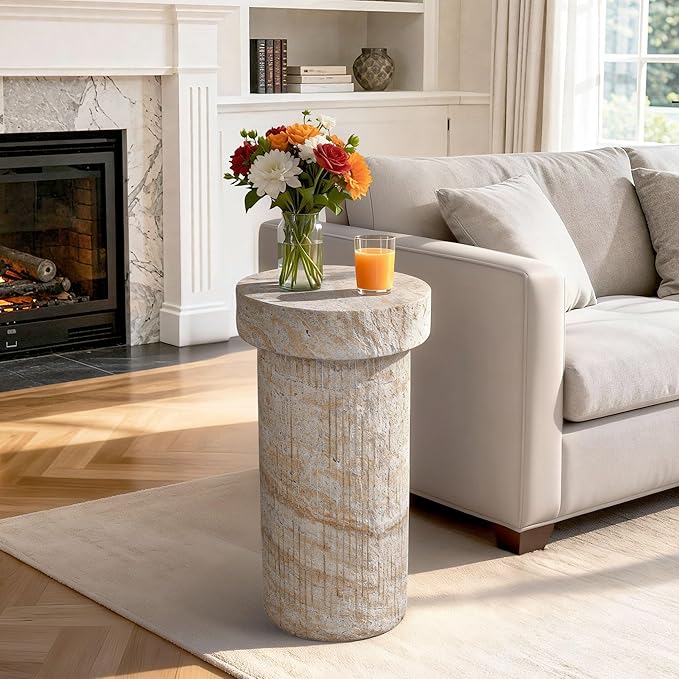 Side Table, 24" Travertine Pedestal End Table, 3-in-1 Durable Lightweight Outdoor Round Coffee Table, Decorative Patio Accent Table Fluted Garden Stool Art Decor for Balcony, Living Room, Beige