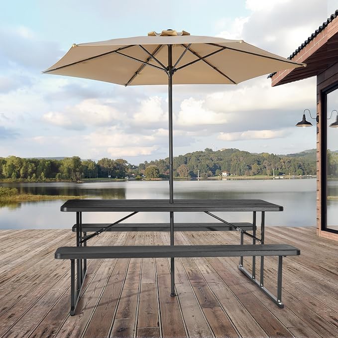 VEVOR Foldable Picnic Table, 6 FT Folding Picnic Tables with Benches, Steel Outdoor Bench Set with Umbrella Hole, Large Outside Dining Table for Patio Garden Yard Poolside (Black)